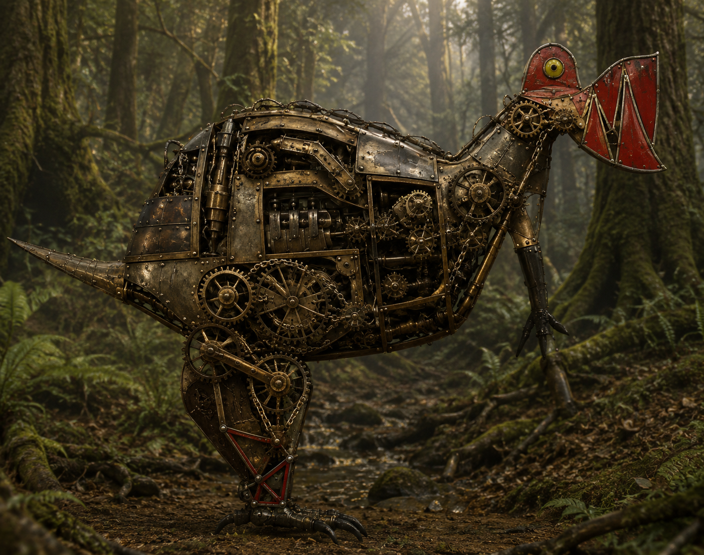 Chicken Bot rendered as a mechanical bird in a natural setting
