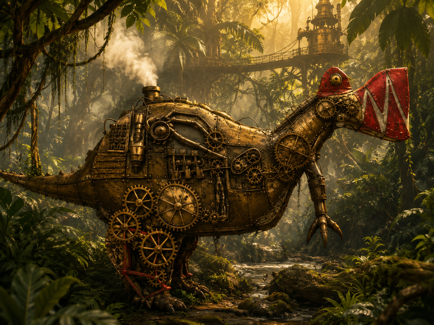 Chicken Bot walking through a jungle scene