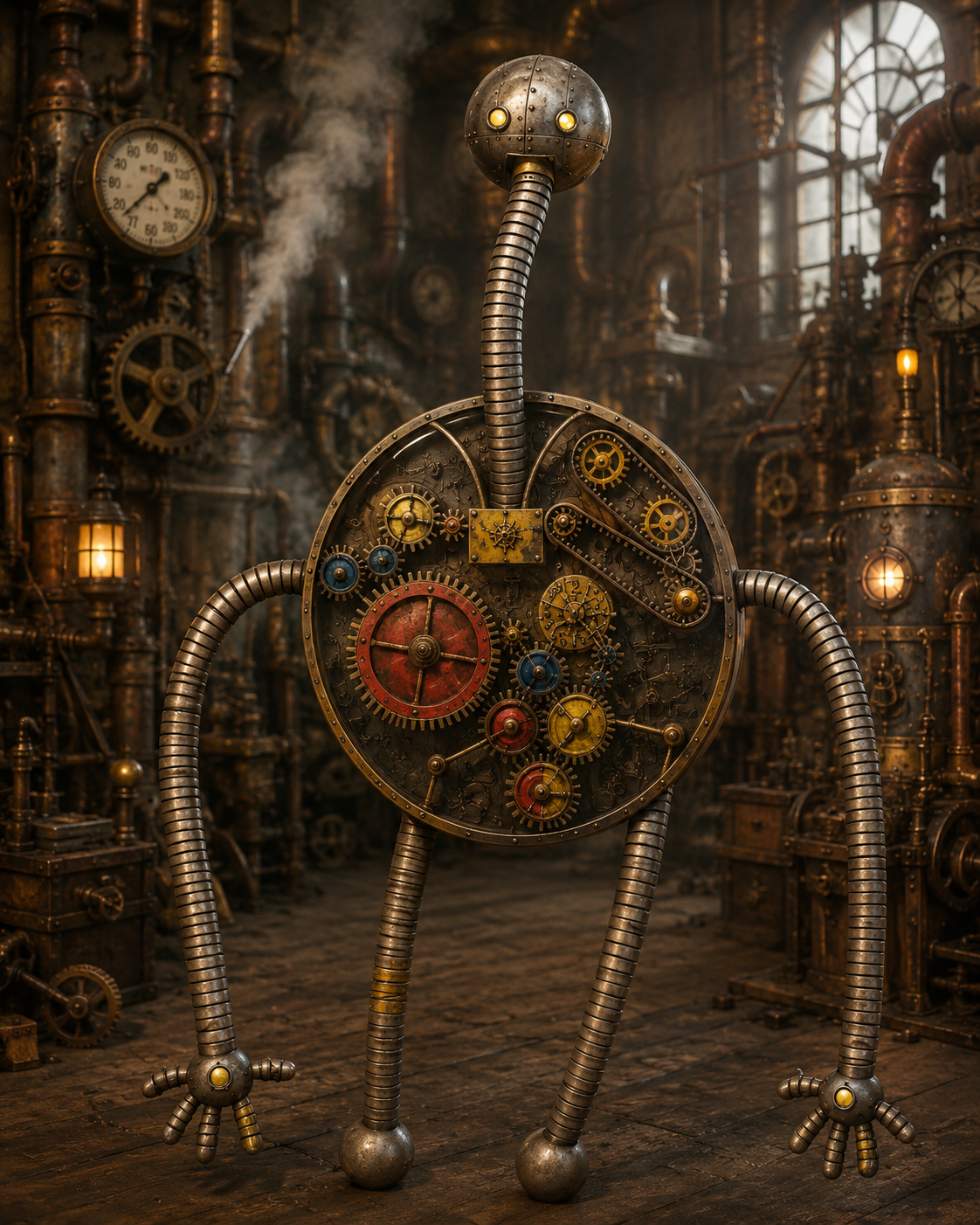 Circle Bot rendered as a round steampunk workshop machine