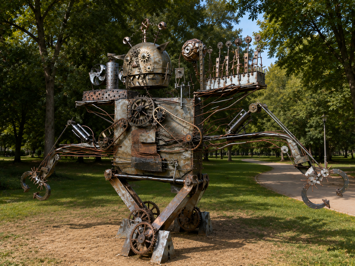Crab Bot as a large metal sculpture in a park