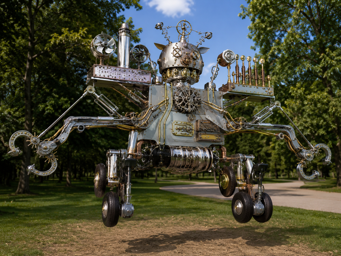 Crab Bot render with polished metal parts in a park