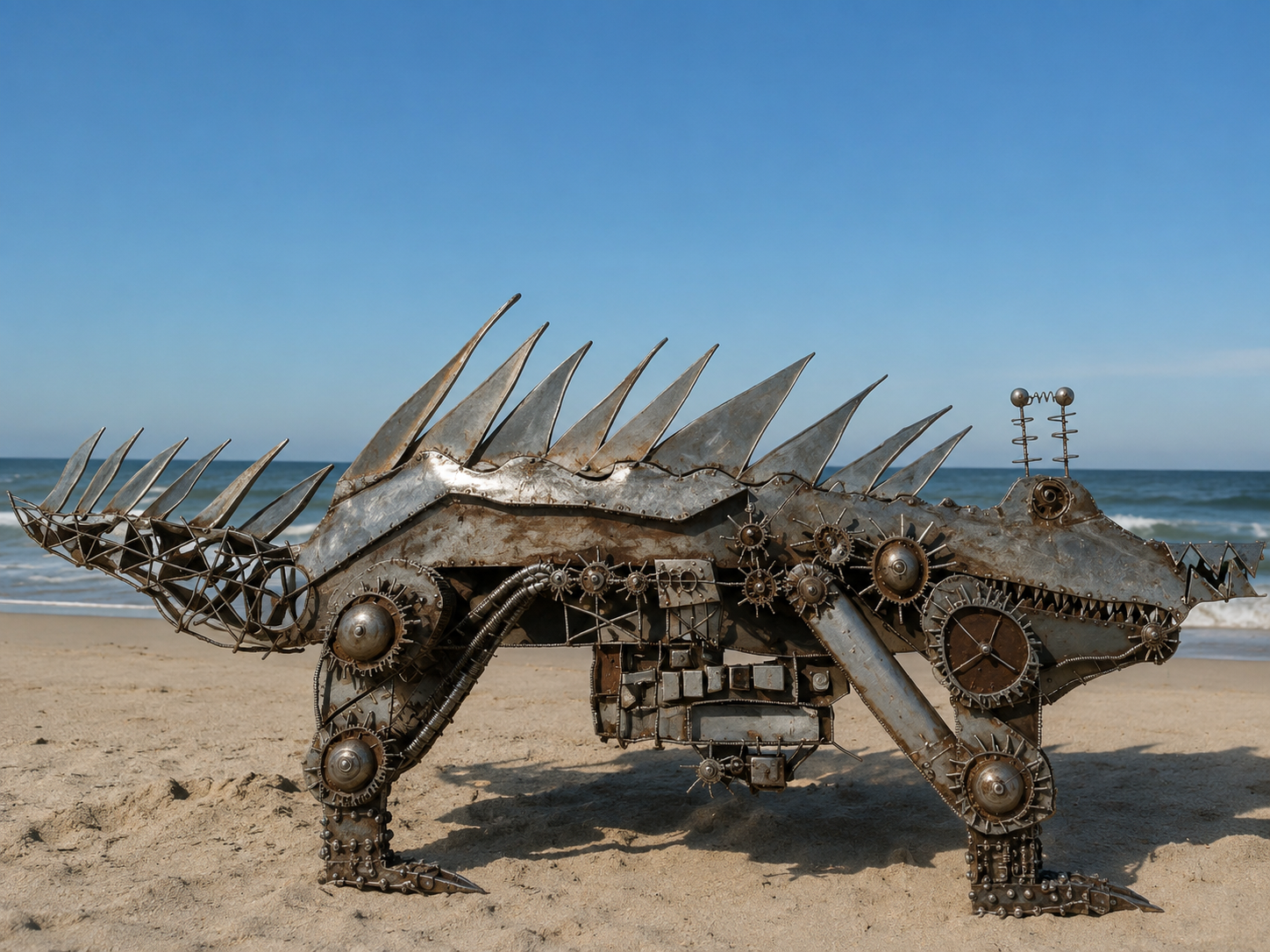 Lizard Bot rendered as a metal creature on a beach