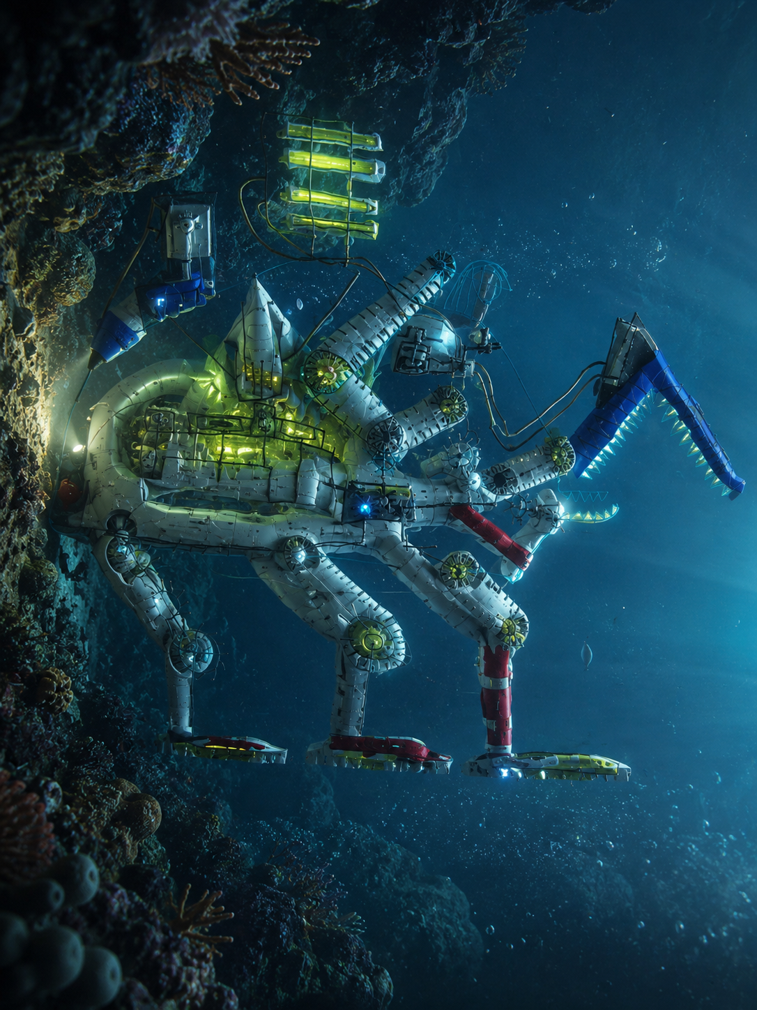 Sea Monster Bot rendered underwater with glowing parts