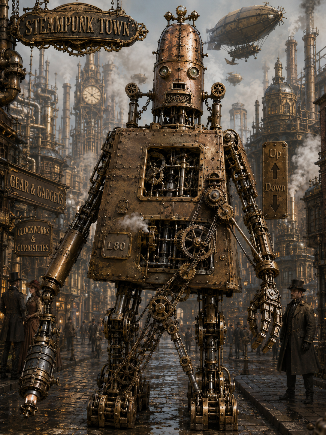 Updown Bot with brass arms in a city scene